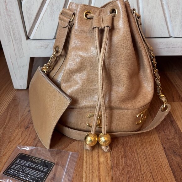 Authentic CHANEL Triple CC Caviar leather brown camel bucket back with pouch - Picture 1 of 14